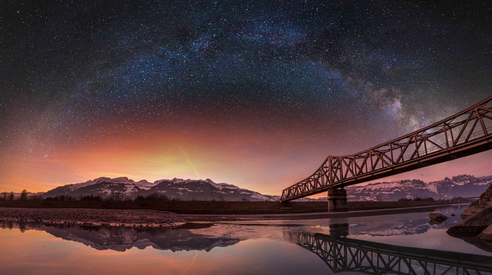 bridge, stars, Switzerland, lake