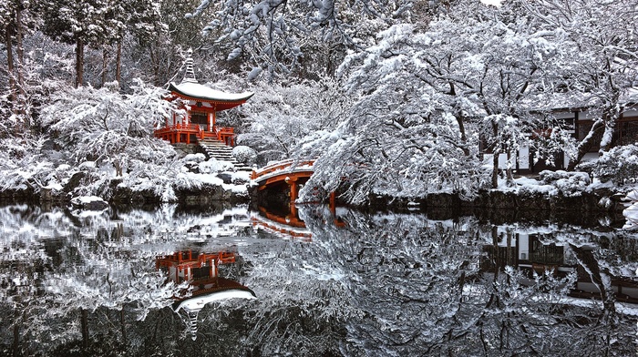 reflection, temple, winter, snow, pond, Japan, Kyoto