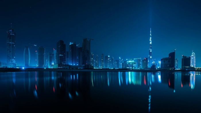 night, reflection, Dubai