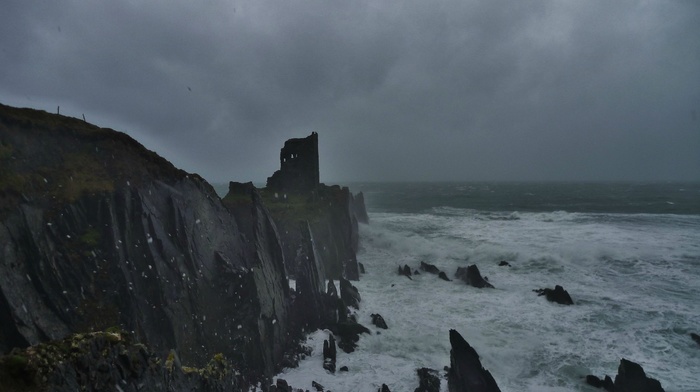 castle, Ireland, abandoned, sea