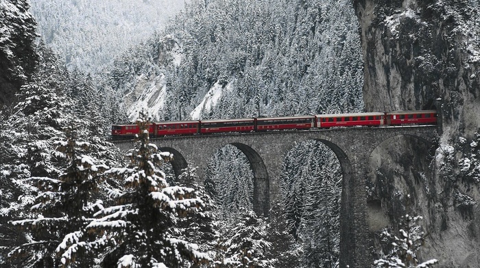 Swiss Alps, bridge, Engadin Valley, snow, train