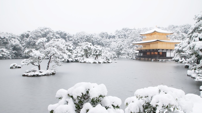 Japan, snow, temple, lake