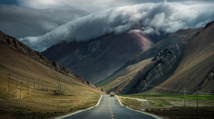 road, mountain, clouds