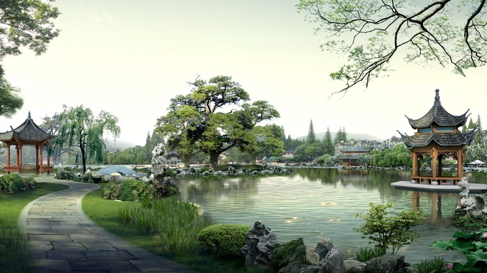 Japan, trees, pond, path