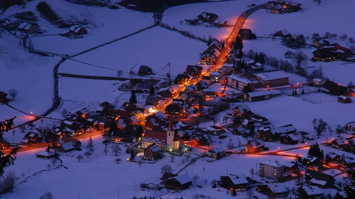 town, snow, Germany, Marbach, winter