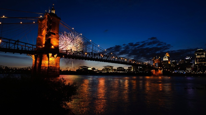bridge, fireworks, Ohio, night