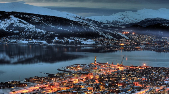 town, Norway, mountain, harbor