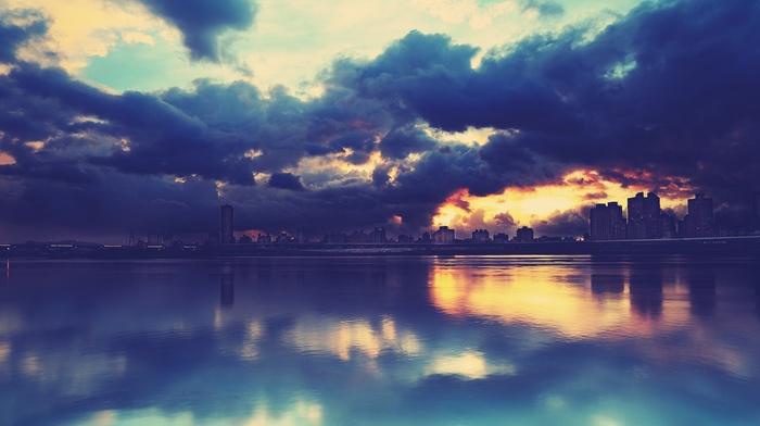 city, clouds, reflection, lake