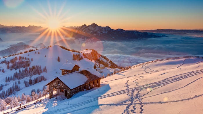 cabin, mountain, Switzerland, snow, rigi