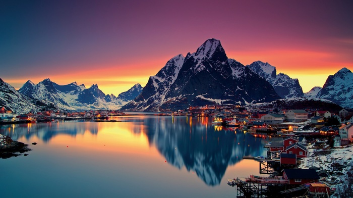 Norway, lake, reflection, village