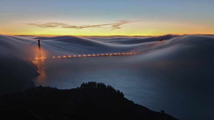 golden gate bridge, mist, bay, clouds, san francisco