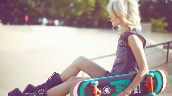 blonde, skateboard, girl, boots, looking away