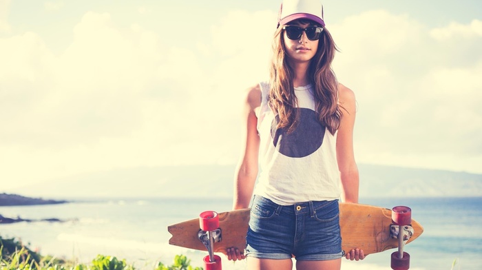 baseball caps, sunglasses, skateboard, jean shorts, blonde, girl, longboards