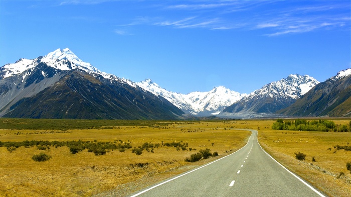 landscape, grass, snow, road