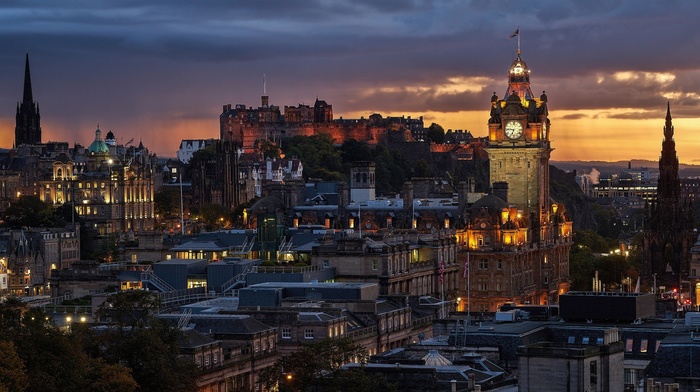 Gothic architecture, architecture, city, Edinburgh, cityscape, tower, sunset, Scotland, castle, clock towers, UK