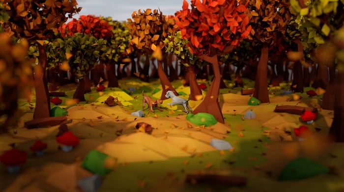 artwork, dog, nature, animals, digital art, forest, low poly, trees