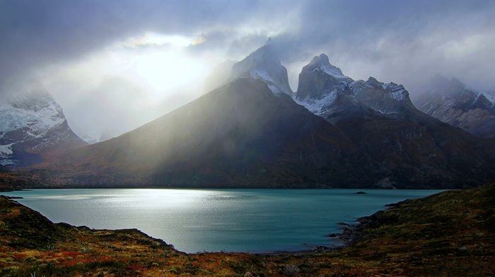 lake, nature, water, mist, mountain, landscape, Torres del Paine, sunset, snowy peak, Chile, turquoise
