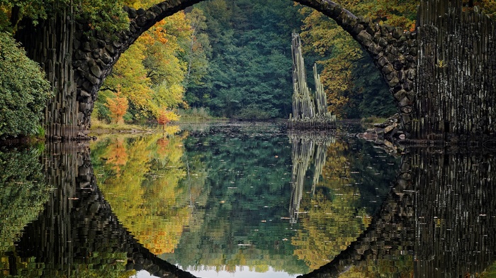 bridge, landscape, Germany, fall, river, colorful, reflection