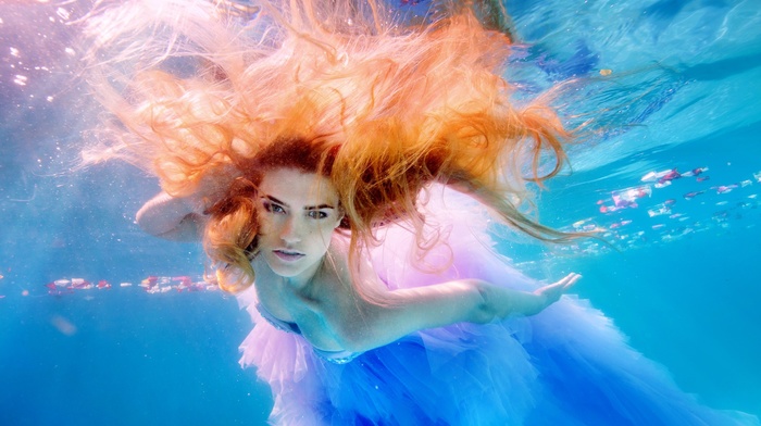 blue eyes, girl, underwater, colorful, dress, redhead, model