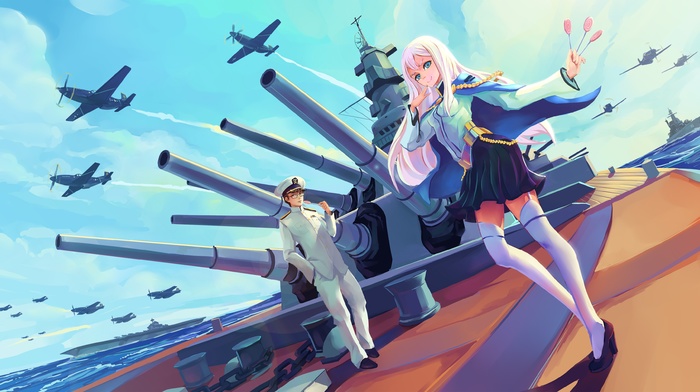 battleships, anime girls, original characters, thigh, highs, blue eyes, white hair, captain