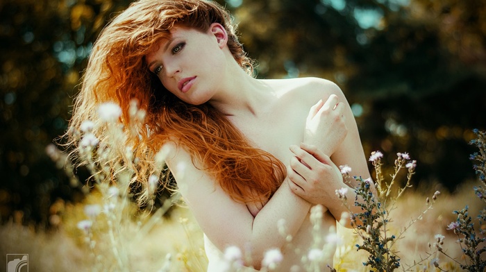 girl, girl outdoors, bare shoulders, model, curly hair, pale, redhead, pierced navel, nature, strategic covering, artistic nude