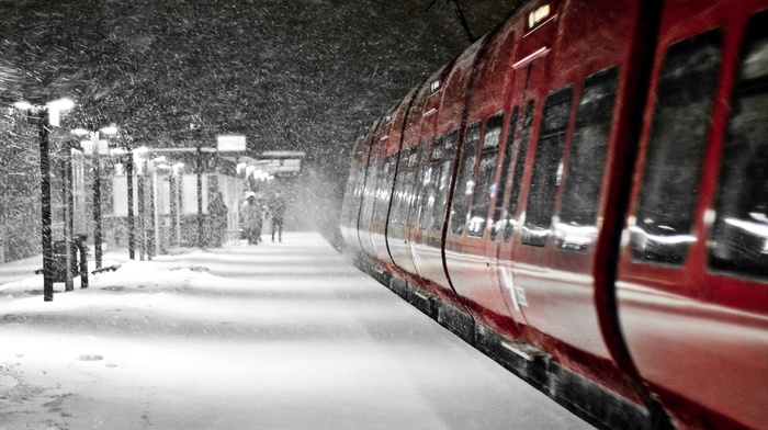 snow, train, night, vehicle