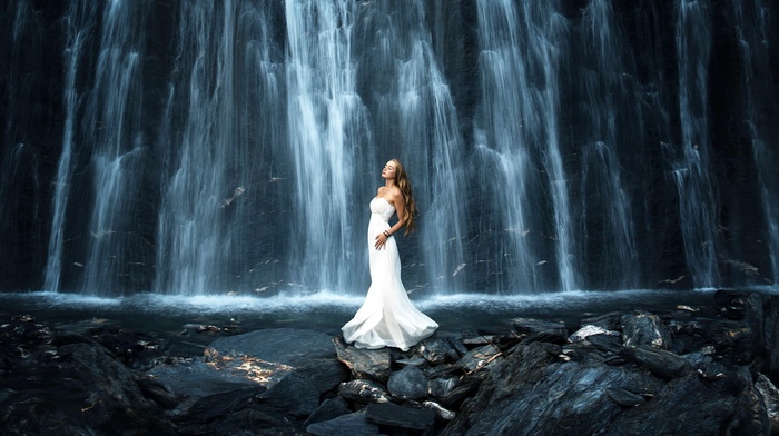 model, waterfall, rock, blonde, long exposure, stones, bare shoulders, nature, closed eyes, hands on hips, girl, long hair, girl outdoors, white dress