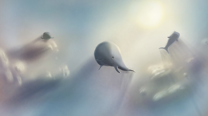 digital art, sunlight, whale, Sun, clouds, illustration, flying, nature, Moby Dick, fairy tale, sky