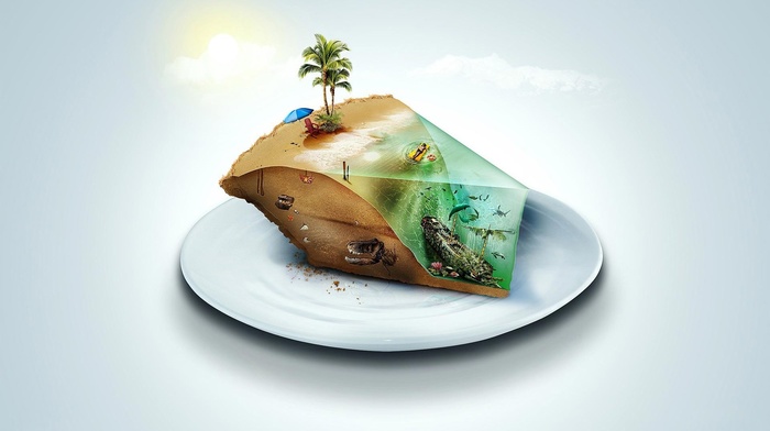 treasure, digital art, parasol, palm trees, plates, beach, deck chairs, 3D, dolphin, Sun, sunbathing, turtle, fish, underwater, coral, simple background, water, sand, sea, dinosaurs, clouds, skull, nature, shipwreck, shark, cakes