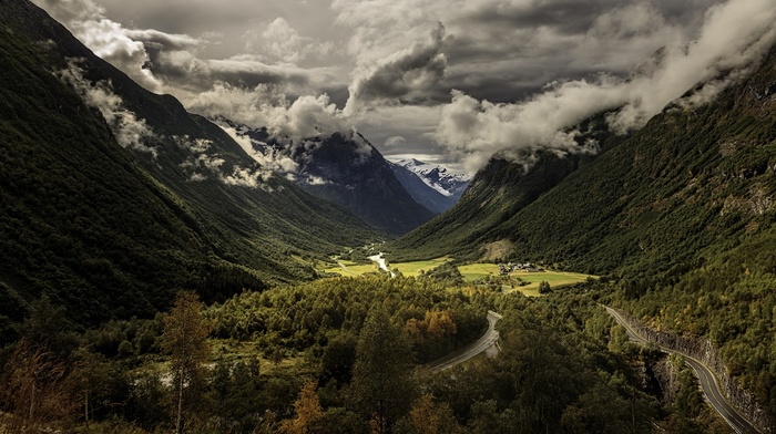 landscape, valley, nature, trees, highway, mountain, forest, clouds