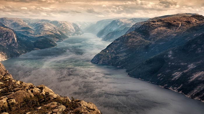 nature, fjord, landscape, sunset, mist, clouds, Norway, mountain