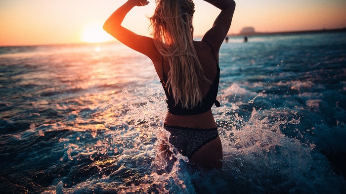 blonde, bikini, ass, waves, model, girl, sunset, rear view, sea
