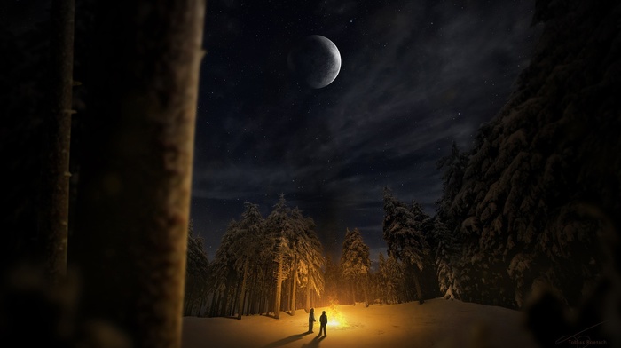 snow, moon, campfire, stars, trees, nature, smoke, people, field, painting, clouds, sky, shadow, winter, digital art, fire, artwork, forest, silhouette, night, fantasy art