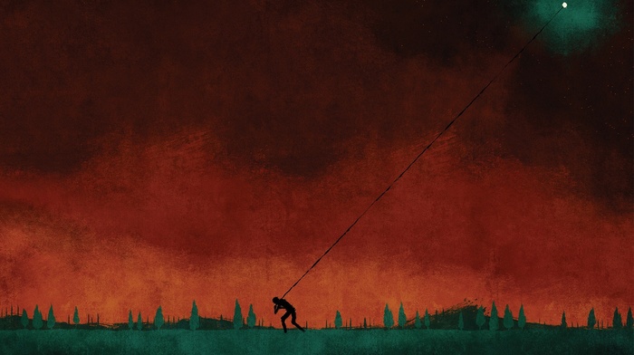 ropes, cover art, August Burns Red, artwork, digital art, red, painting, silhouette, people, moon, trees, nature, hill, album covers, field