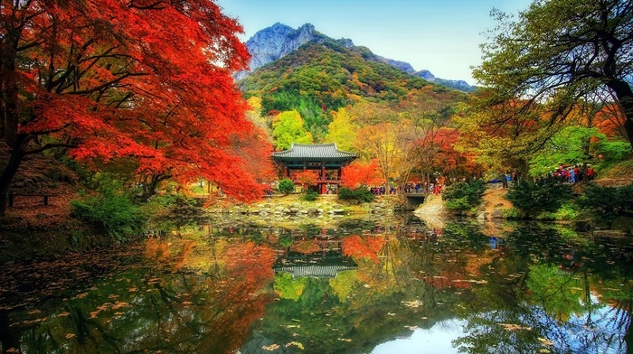 landscape, water, temple, mountain, park, nature, fall, people, trees, reflection