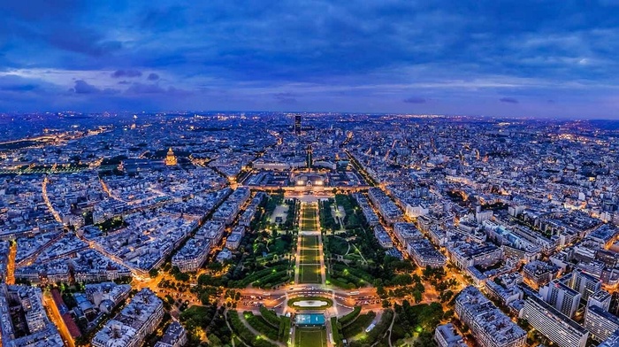 urban, cityscape, evening, landscape, blue, France, architecture, lights, clouds, park, building, Paris