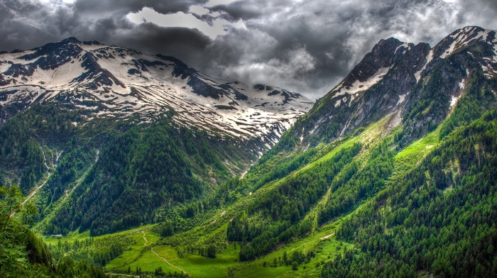 mountain, nature, landscape, snowy peak, spring, grass, Switzerland, forest, Alps, clouds, green