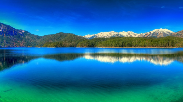 sky, nature, green, reflection, water, forest, mountain, blue, Germany, panoramas, landscape, snowy peak, lake