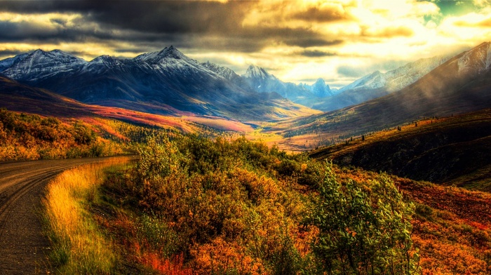 Canada, nature, sky, mountain, snowy peak, grass, landscape, panoramas, sunrise, dirt road, shrubs, clouds