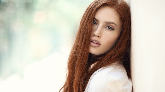 model, girl, open mouth, brown eyes, white clothing, redhead, juicy lips