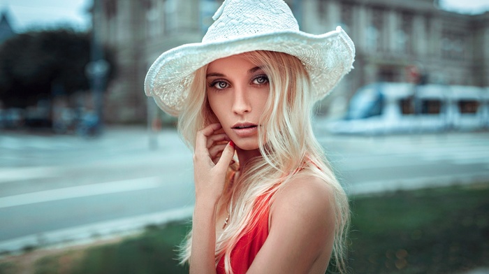 girl, model, girl outdoors, red dress, portrait, hat, blonde, hazel eyes