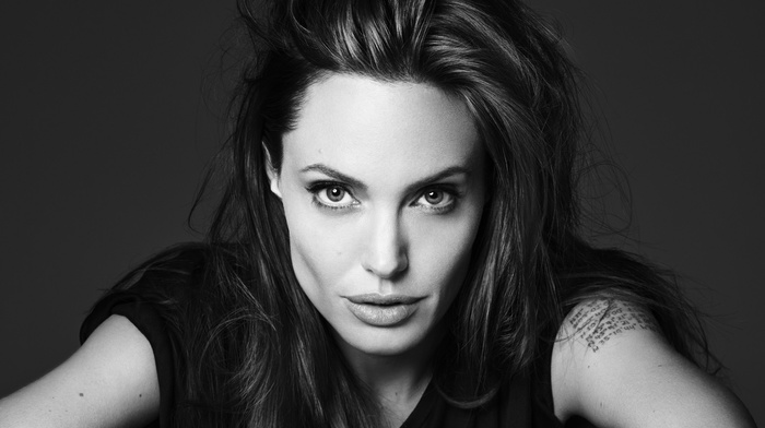 long hair, girl, actress, tattoo, photography, portrait, simple background, Angelina Jolie, face, eyes, juicy lips, monochrome