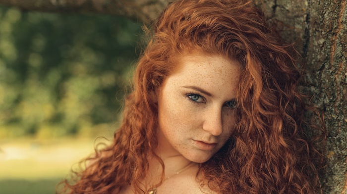 eyes, redhead, sensual gaze, freckles, looking at viewer, trees
