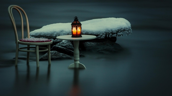 table, icicle, lamps, water, winter, ice, snow, candles, nature, lantern, artwork, blurred, long exposure, photography, chair, rock, reflection, stones