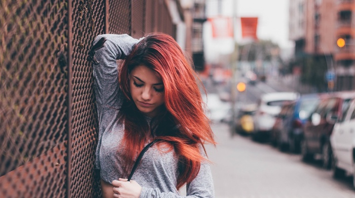 redhead, girl, depth of field, long hair, urban, short tops, arms up, looking down