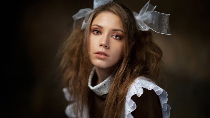 model, portrait, Xenia Kokoreva, russian girl, simple background, girl, schoolgirl uniform, face