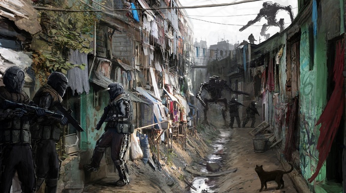 soldier, cat, robot, artwork, futuristic