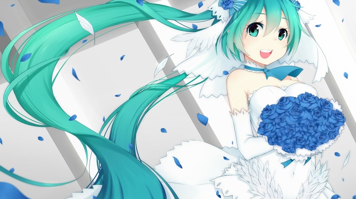 Vocaloid, flowers, Hatsune Miku, twintails, wedding dress, anime girls