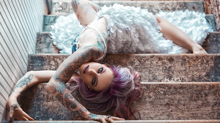 girl, tattoo, stairs, dyed hair, blue eyes