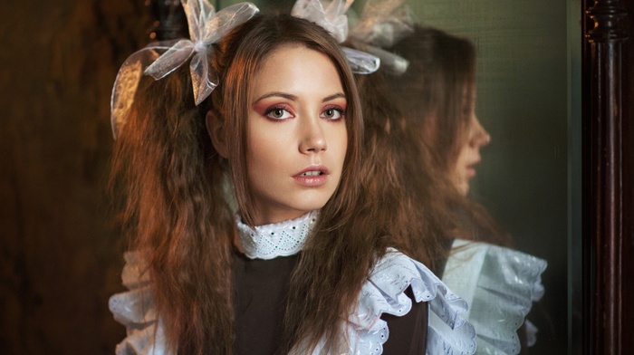 Xenia Kokoreva, girl, ponytail, portrait, face, mirror